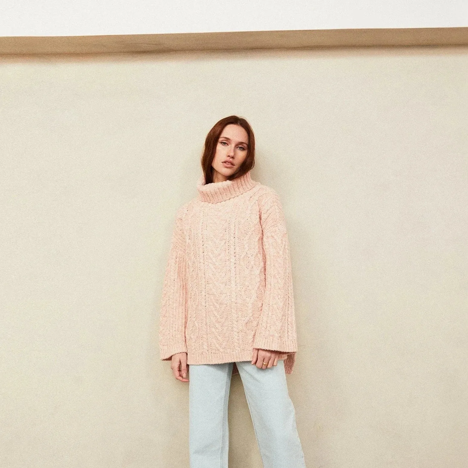 Emily Cable Roll Neck Jumper - Dusky Pink