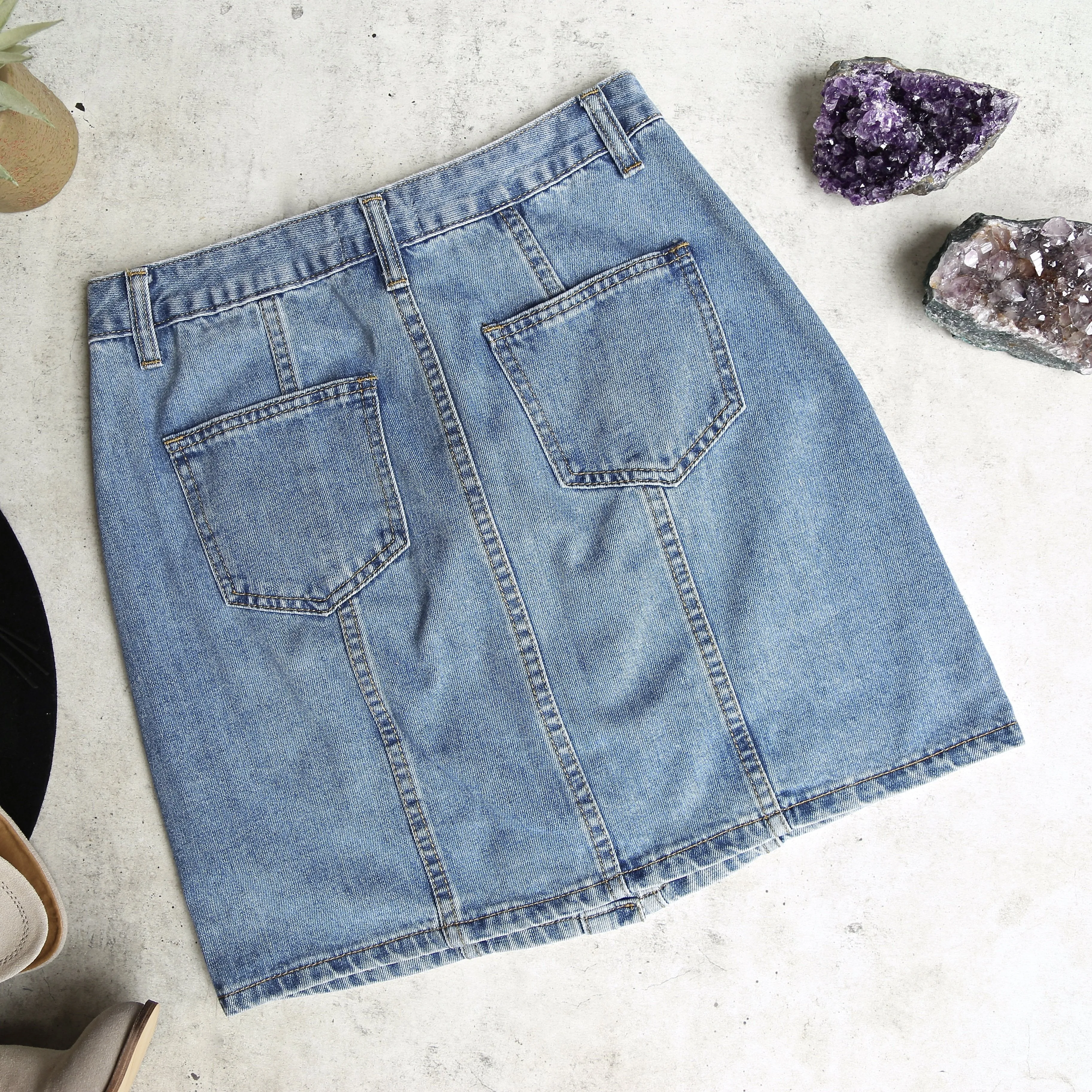 Final Sale - Blu Pepper - Button Up Embroidered Denim Skirt