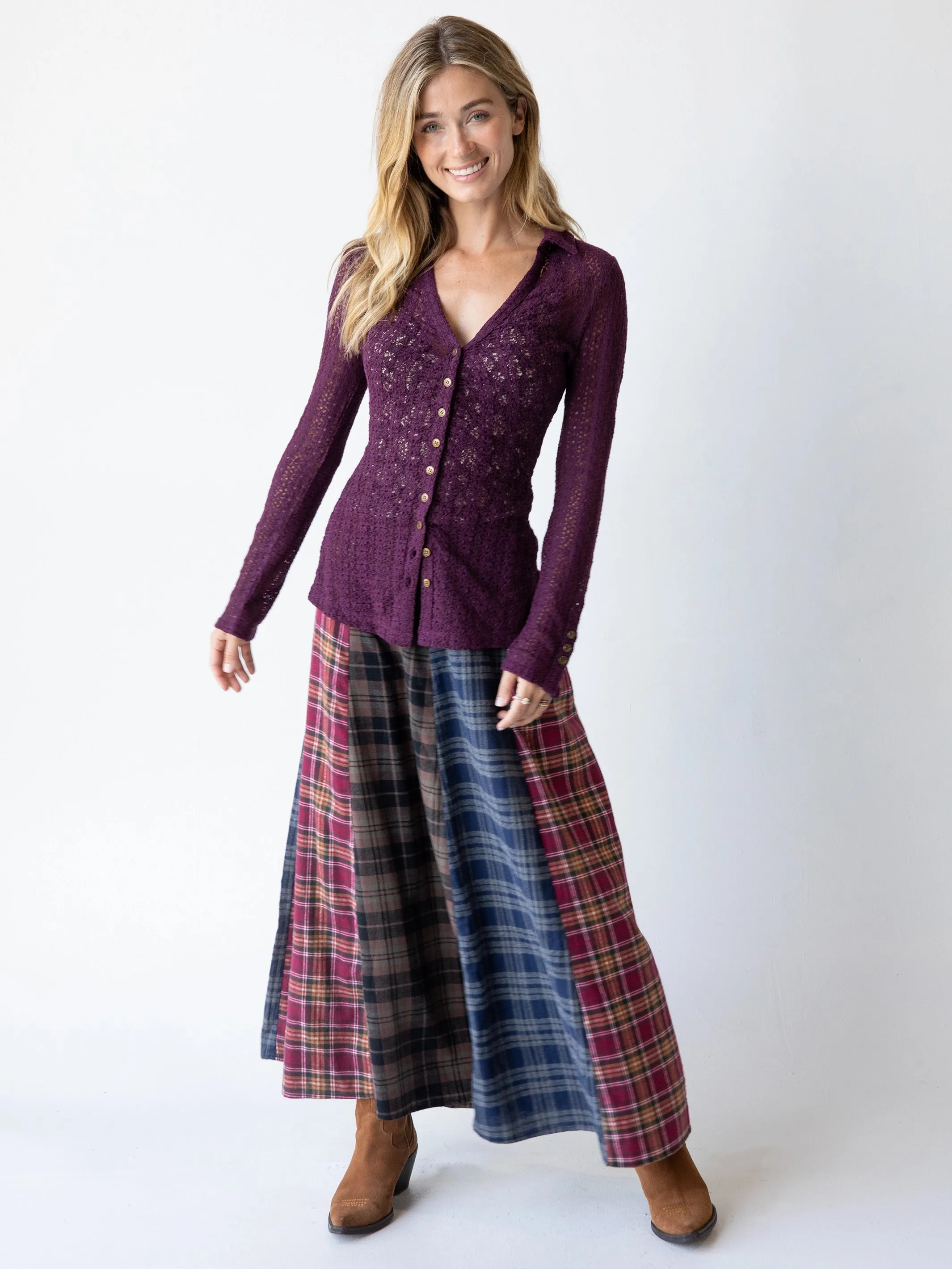 Flannel Valentina Maxi Skirt - Cranberry Navy Flannel