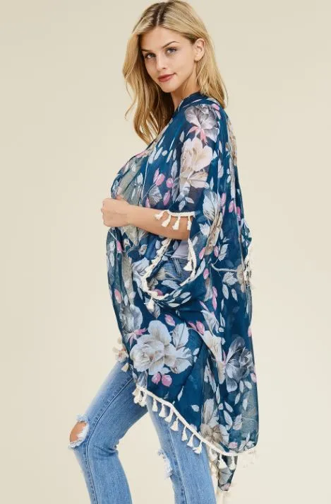 Floral Blue Kimono with Tassels, Go with the Flow!