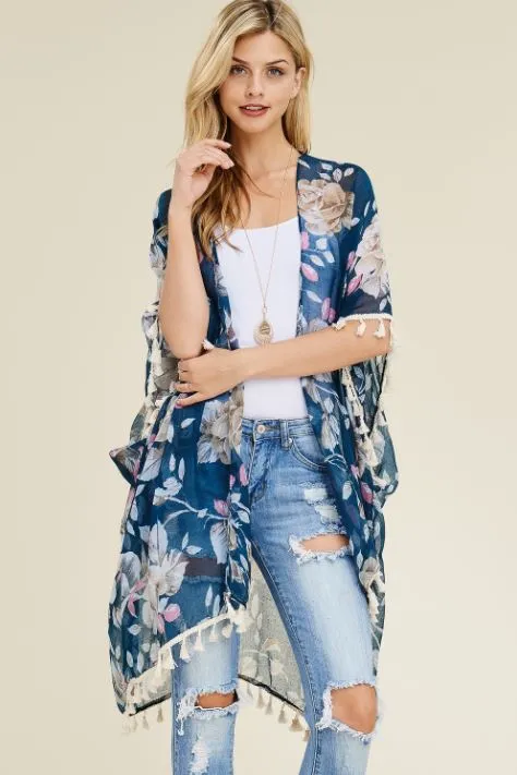 Floral Blue Kimono with Tassels, Go with the Flow!