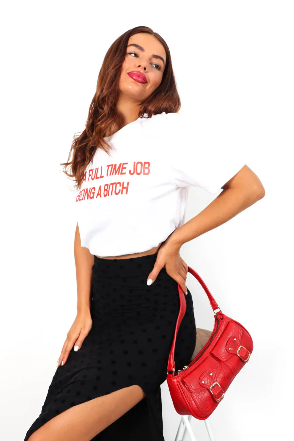 Full Time B - White Red Graphic Slogan T-Shirt