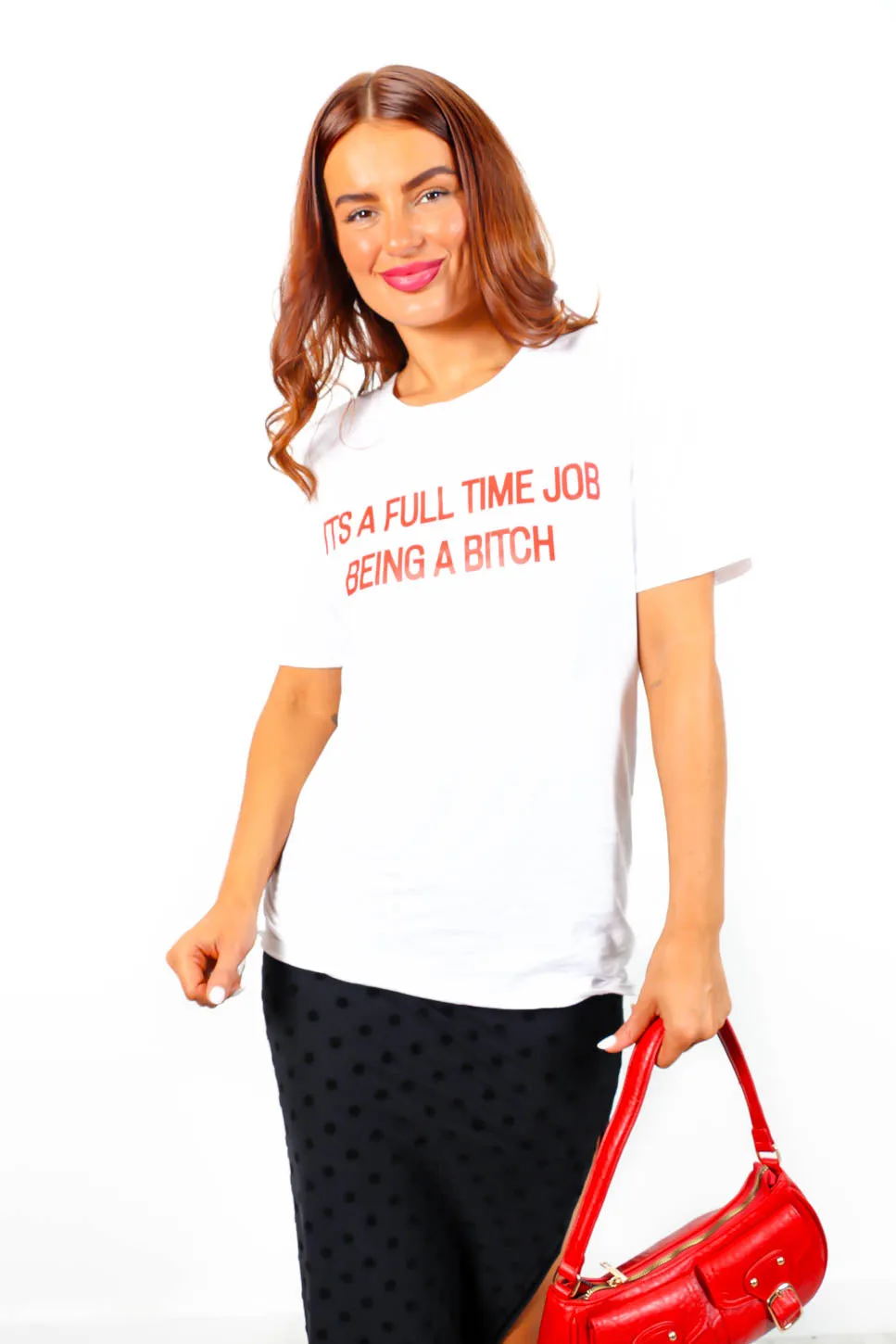 Full Time B - White Red Graphic Slogan T-Shirt