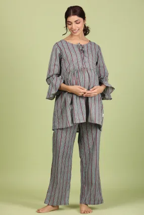 Geometrical Stripes on Grey Maternity Feeding Peplum Lounge Set