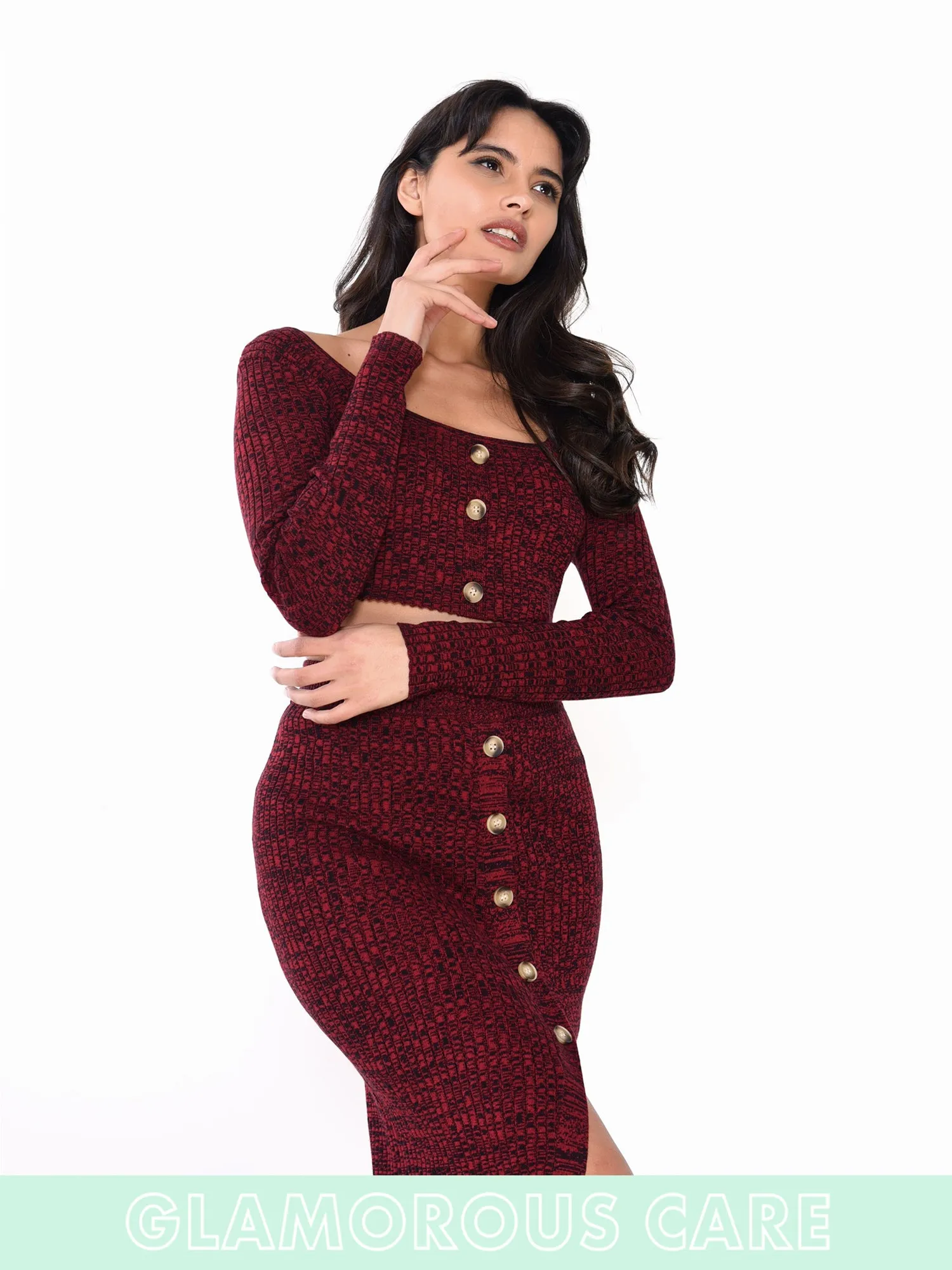 Glamorous Care Plum Melange Button Front Long Sleeve Crop Top