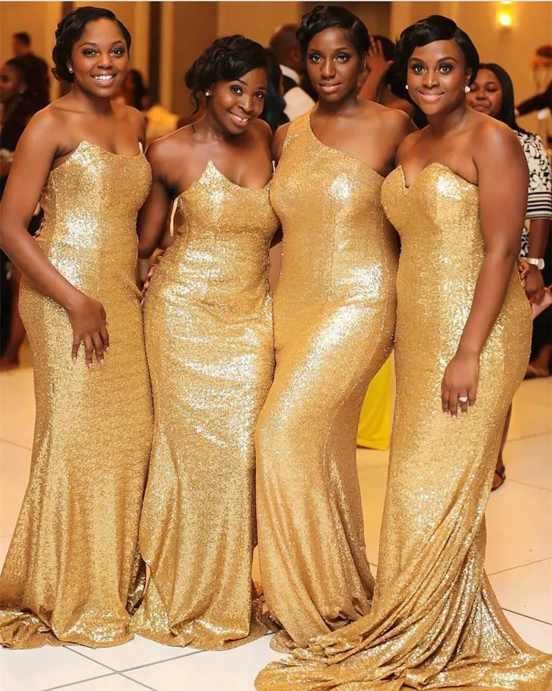 Glitter Gold Sequins Strapless Bridesmaid Dresses Mermaid