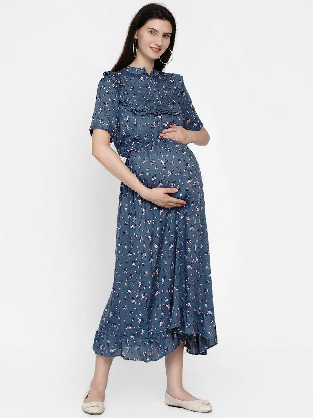 Gray Floral Print Maternity and Nursing Midi Dress