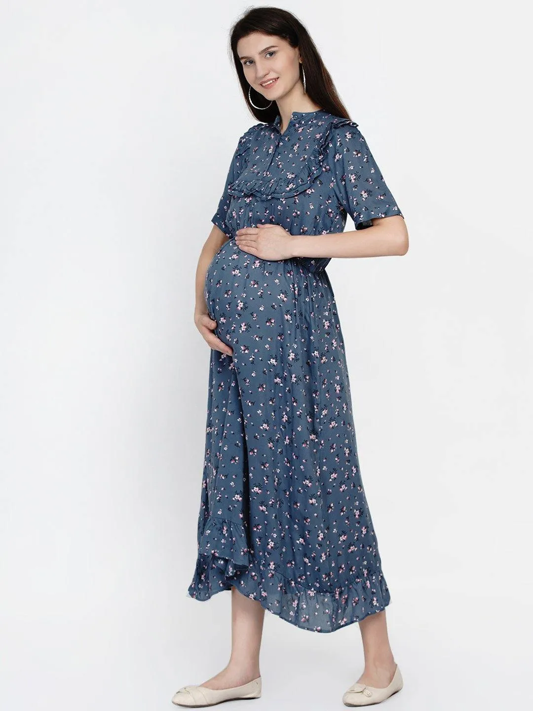 Gray Floral Print Maternity and Nursing Midi Dress