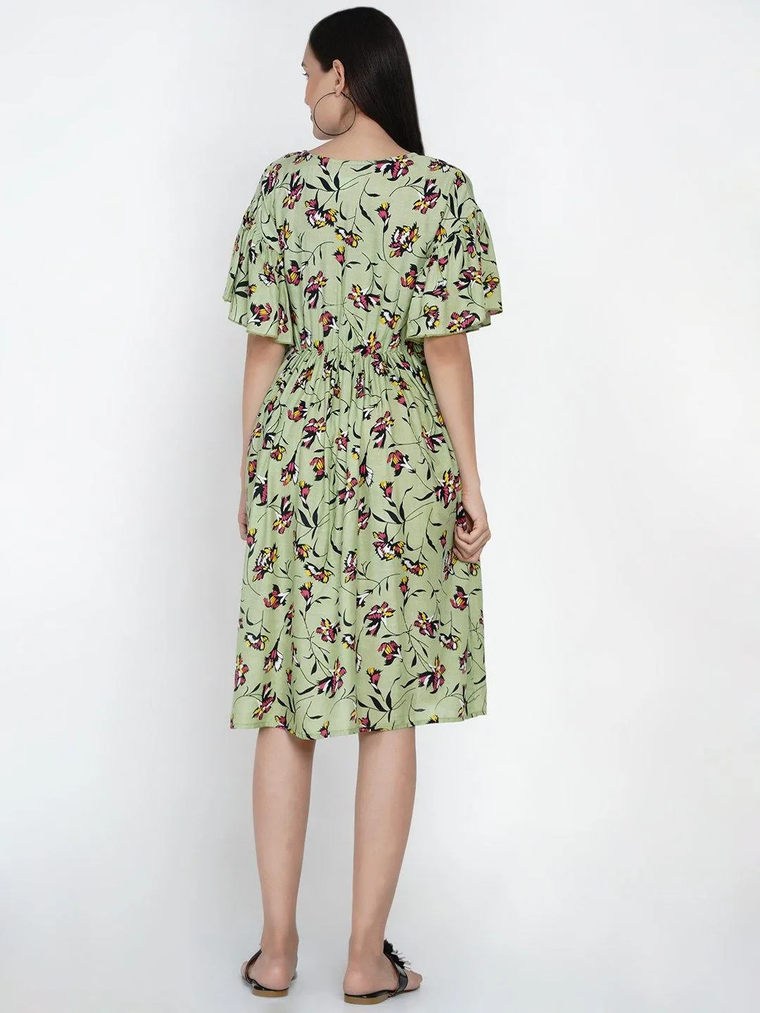 Green Floral Fit and Flare Midi Rayon Maternity & Nursing Dress