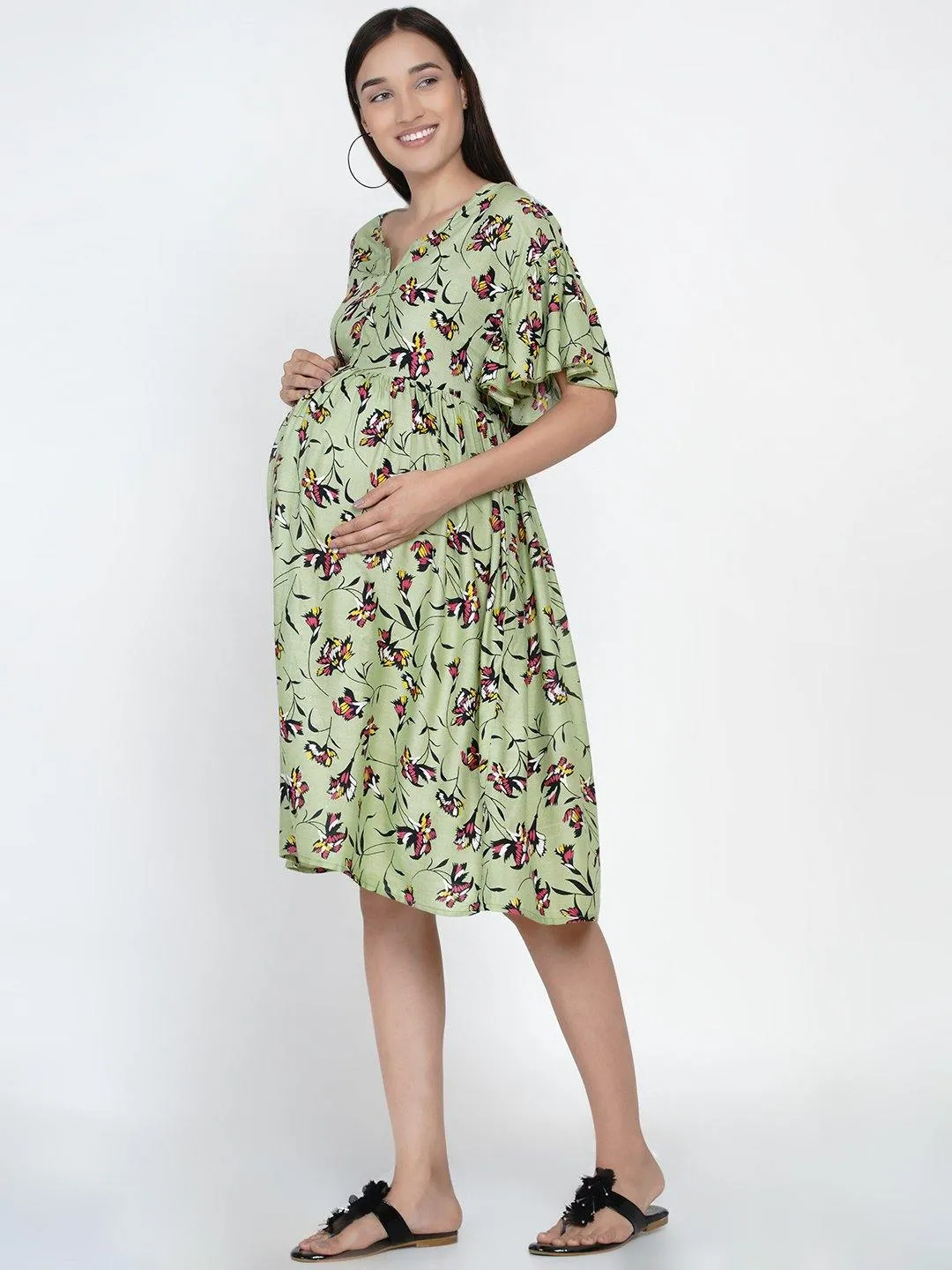 Green Floral Fit and Flare Midi Rayon Maternity & Nursing Dress