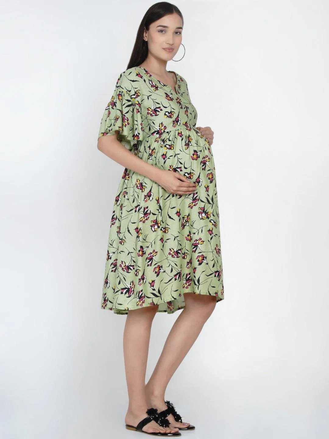 Green Floral Fit and Flare Midi Rayon Maternity & Nursing Dress