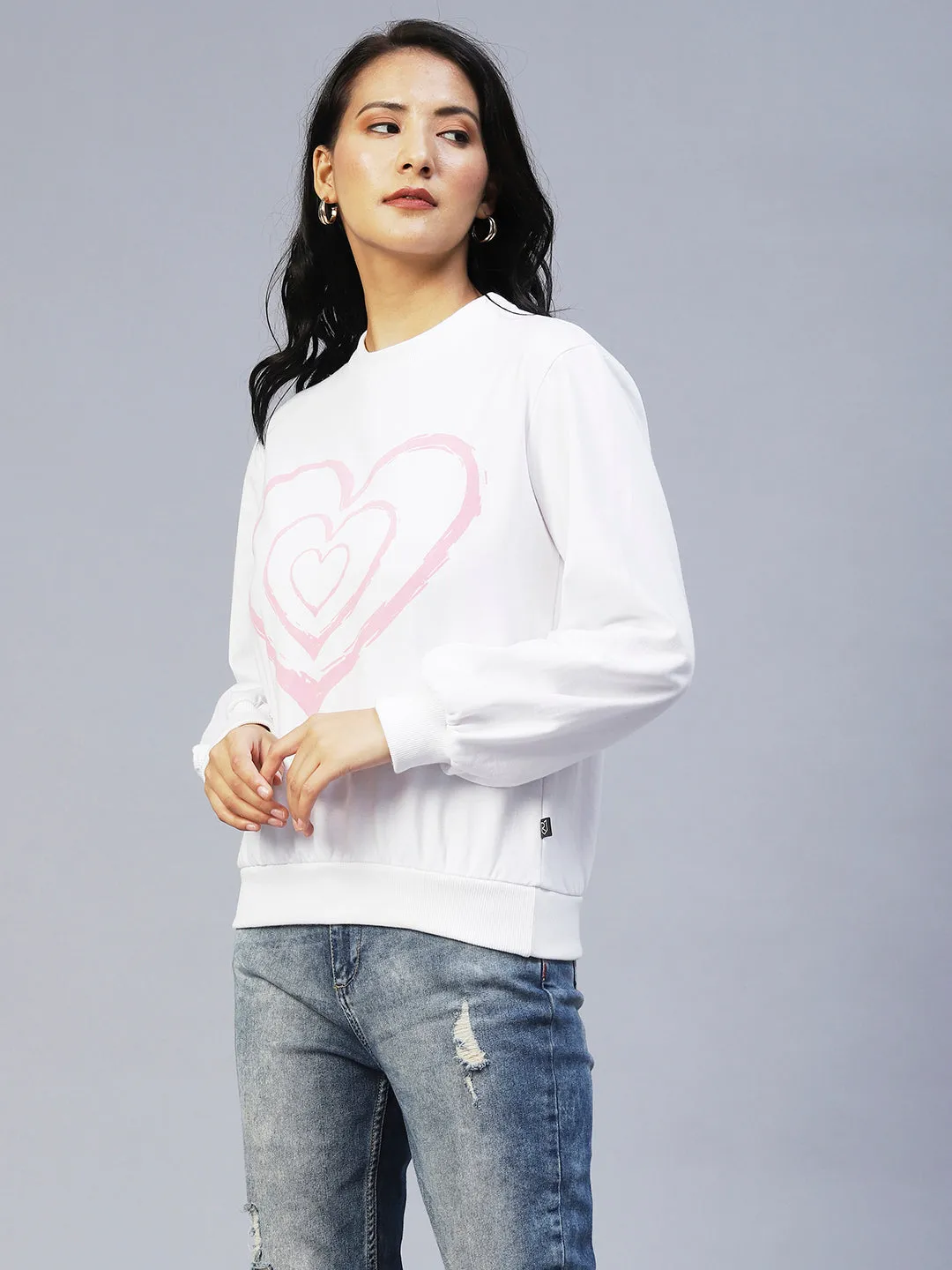 Heart Print Peasant Sleeve Fleece Sweatshirt