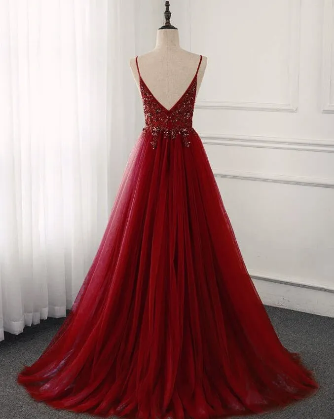 HIGH QUALITY BURGUNDY STRAPS BEADED LONG PARTY DRESS, LONG JUNIOR PROM DRESS KS3488