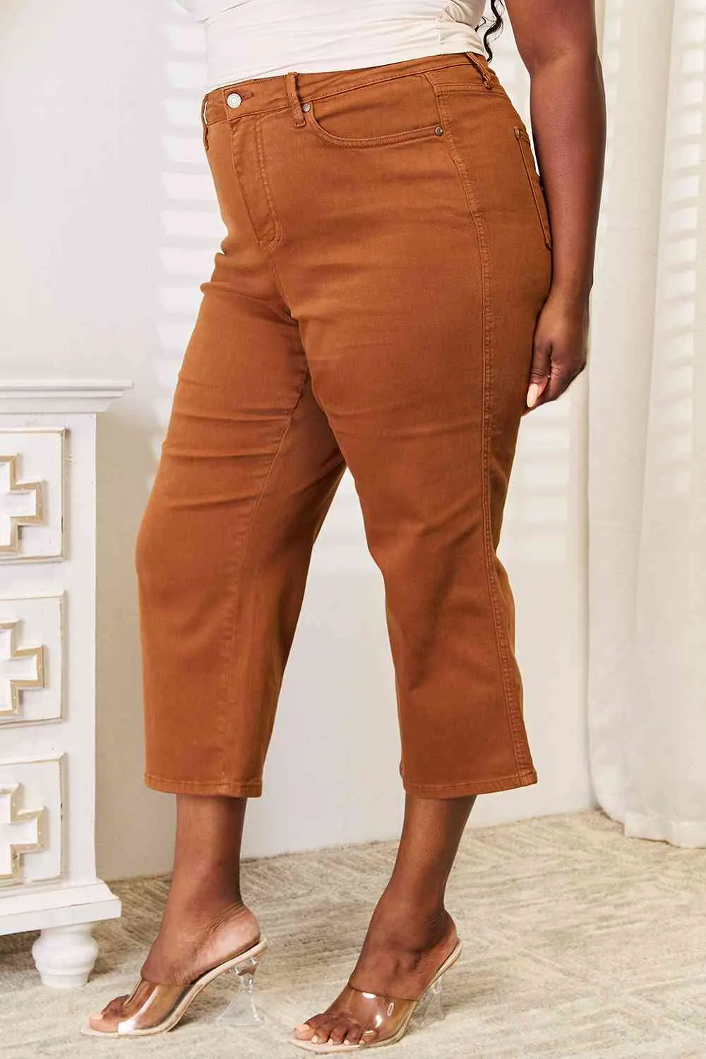 Judy Blue Tummy Control Garment Dyed Wide Crop in Caramel