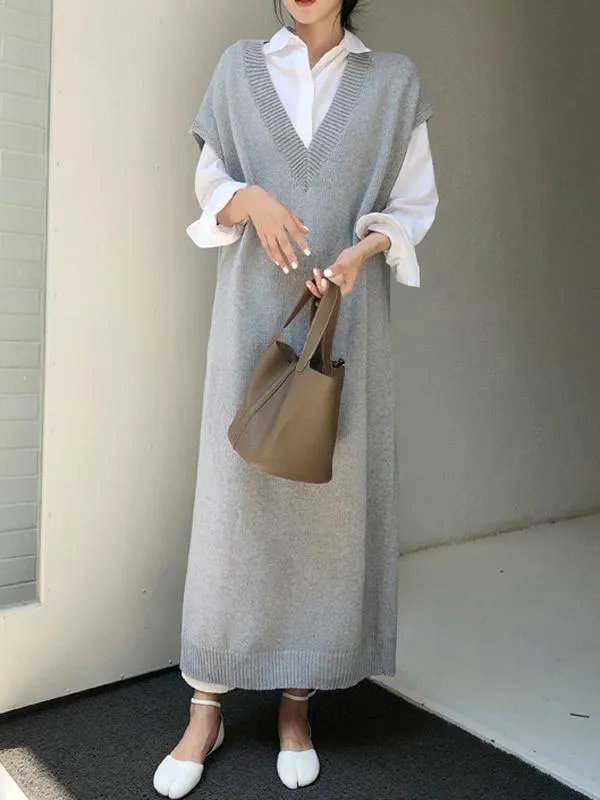 Knitting Loose V-Neck Sleeveless Long Dress