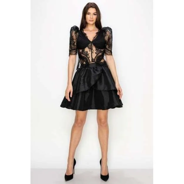 Lace Corset Balloon Sleeve Top - Black