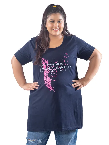 Long Line T-Shirt For Women -Half Sleeves- Navy Blue