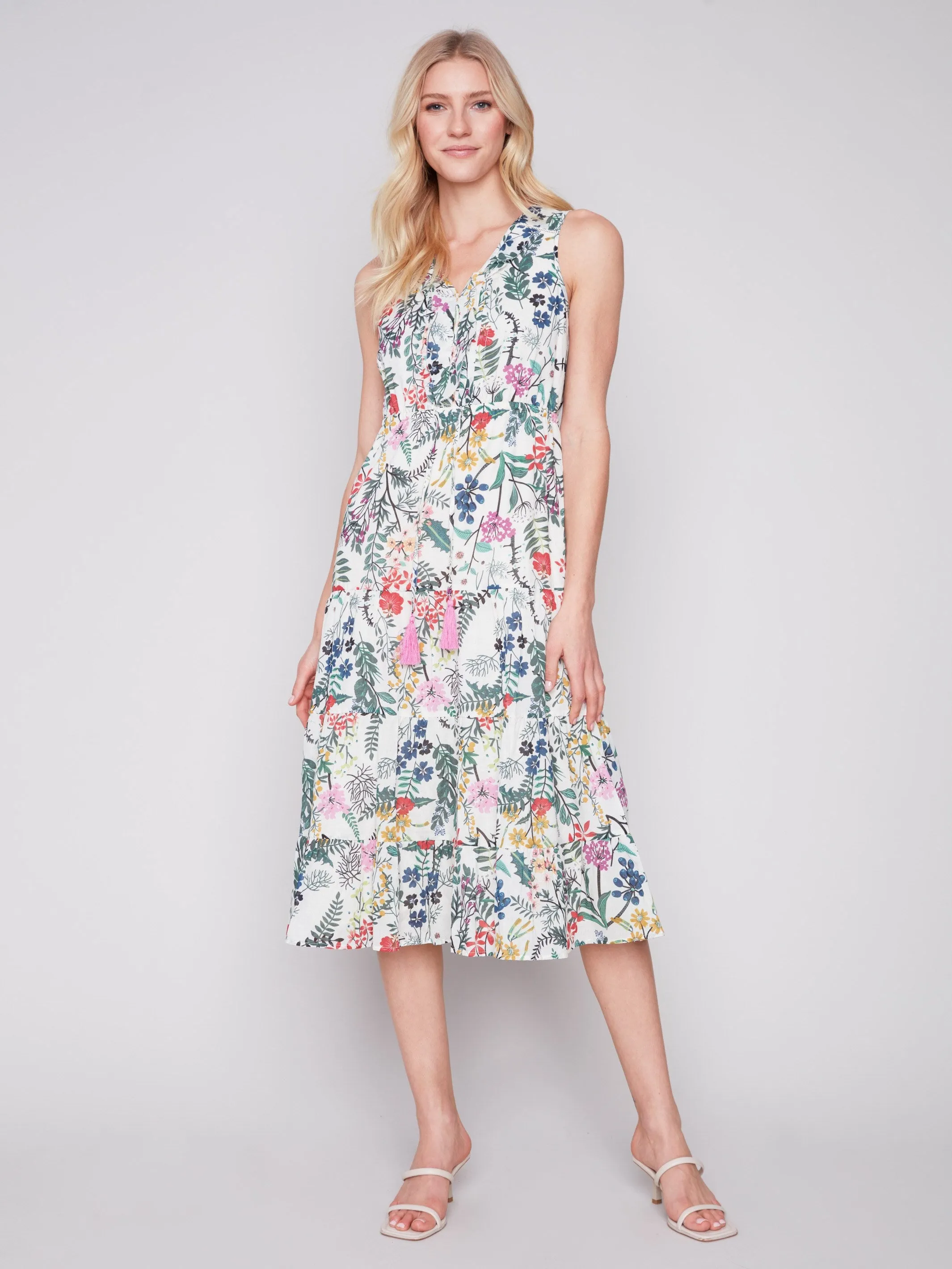 Long Sleeveless Cotton Ruffle Dress - Floral