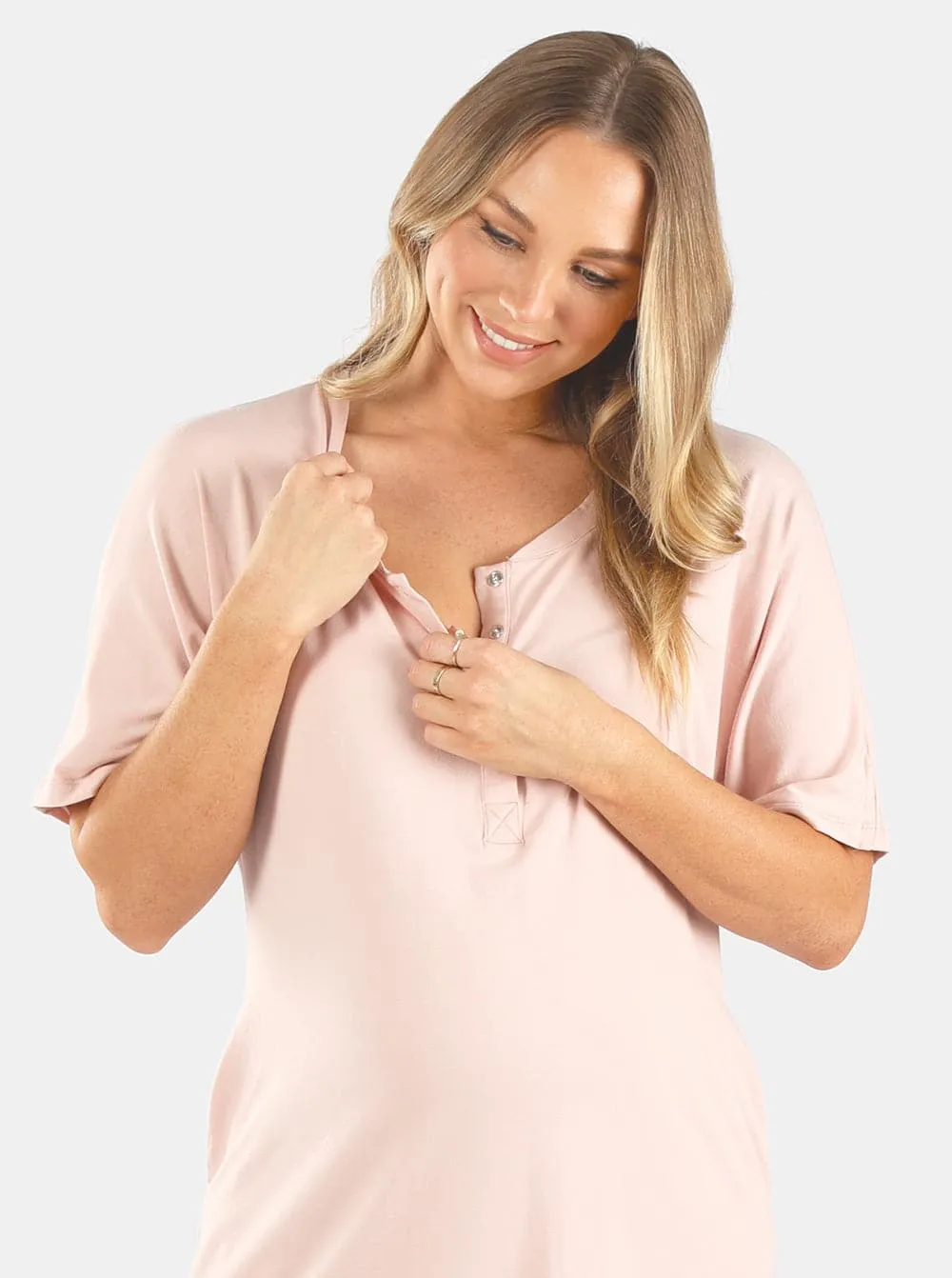 Mama Hospital Nightie with Baby Pouch Set in Pink Bamboo