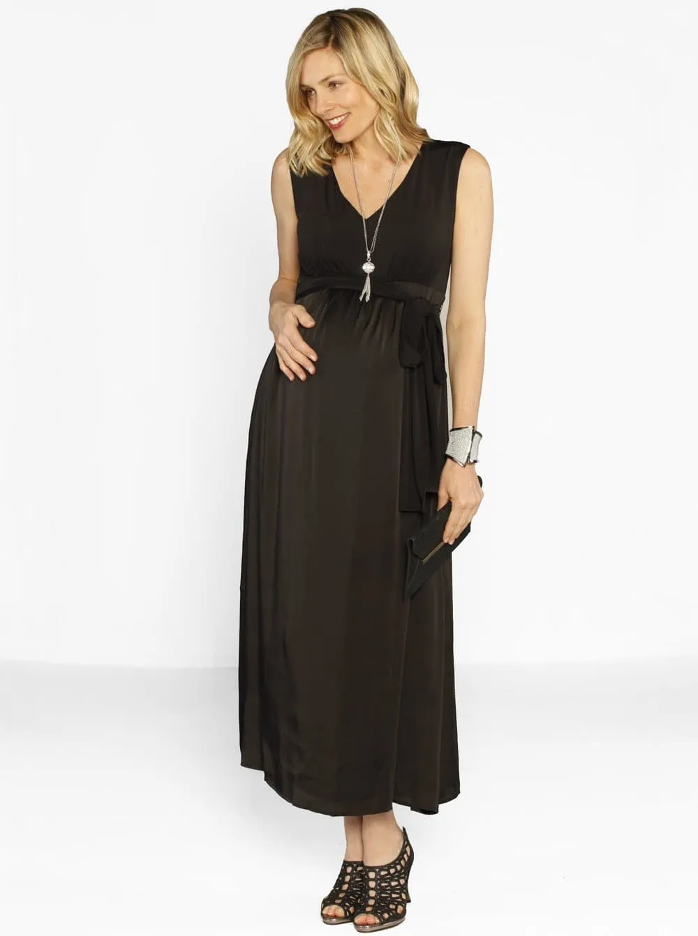 Maternity Long Evening Chiffon Dress in Satin Black