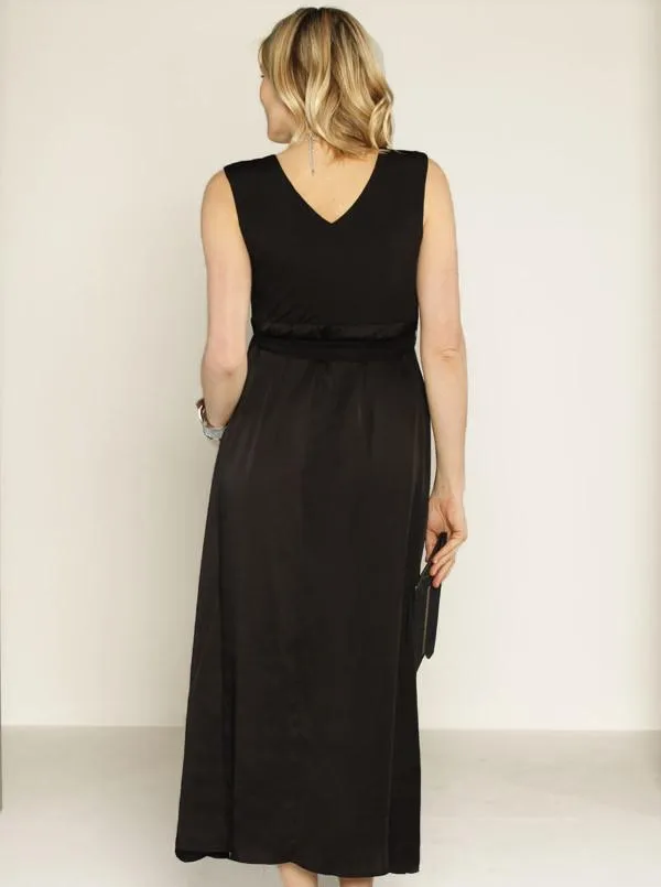 Maternity Long Evening Chiffon Dress in Satin Black