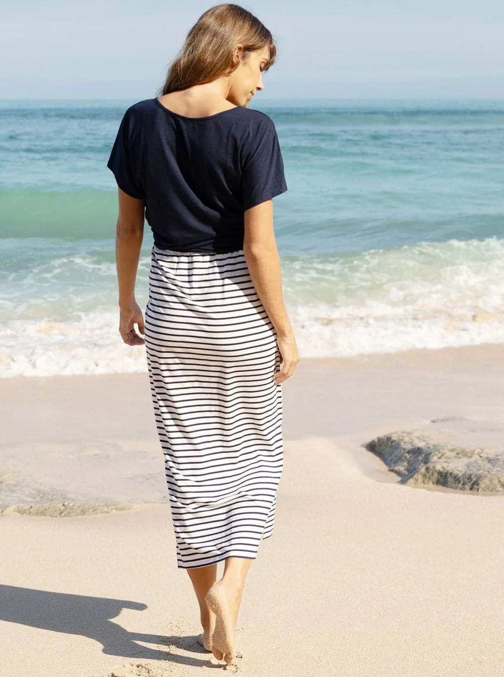 Maternity Maxi Bamboo Skirt  - Navy Stripes