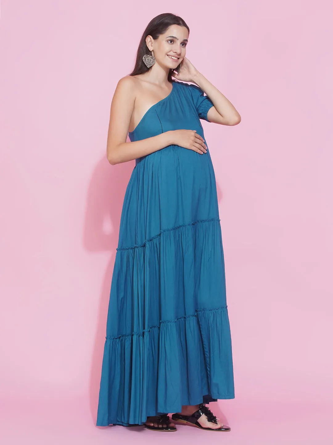 Maternity Solid Teal Blue Color Maxi Baby Shower Dress