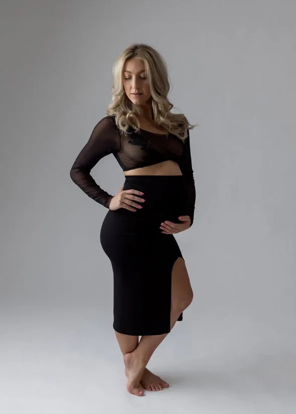 Maternity Split Midi Skirt & Turtleneck Crop Top Set