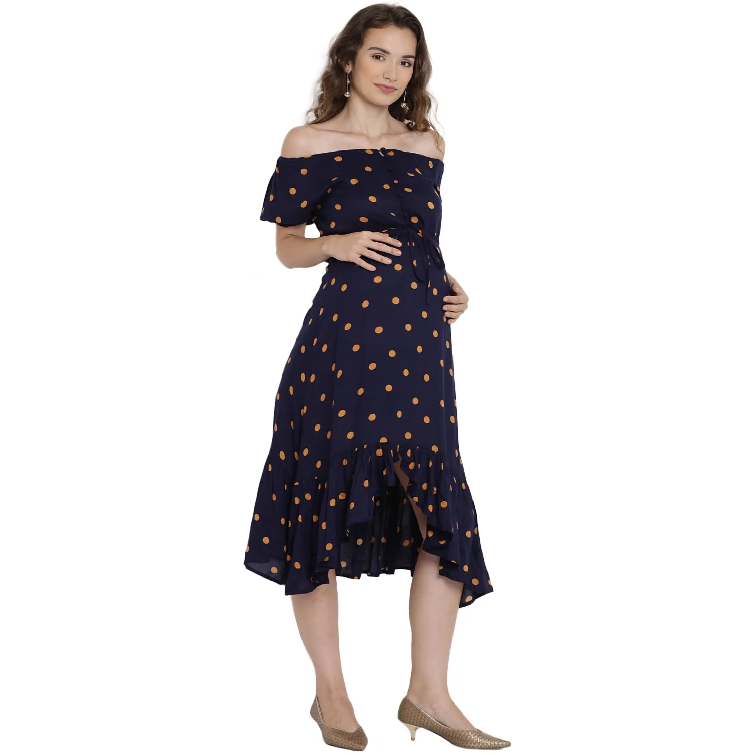 Midnight Blue Asymmetric Polka Dot Print Maternity Dress