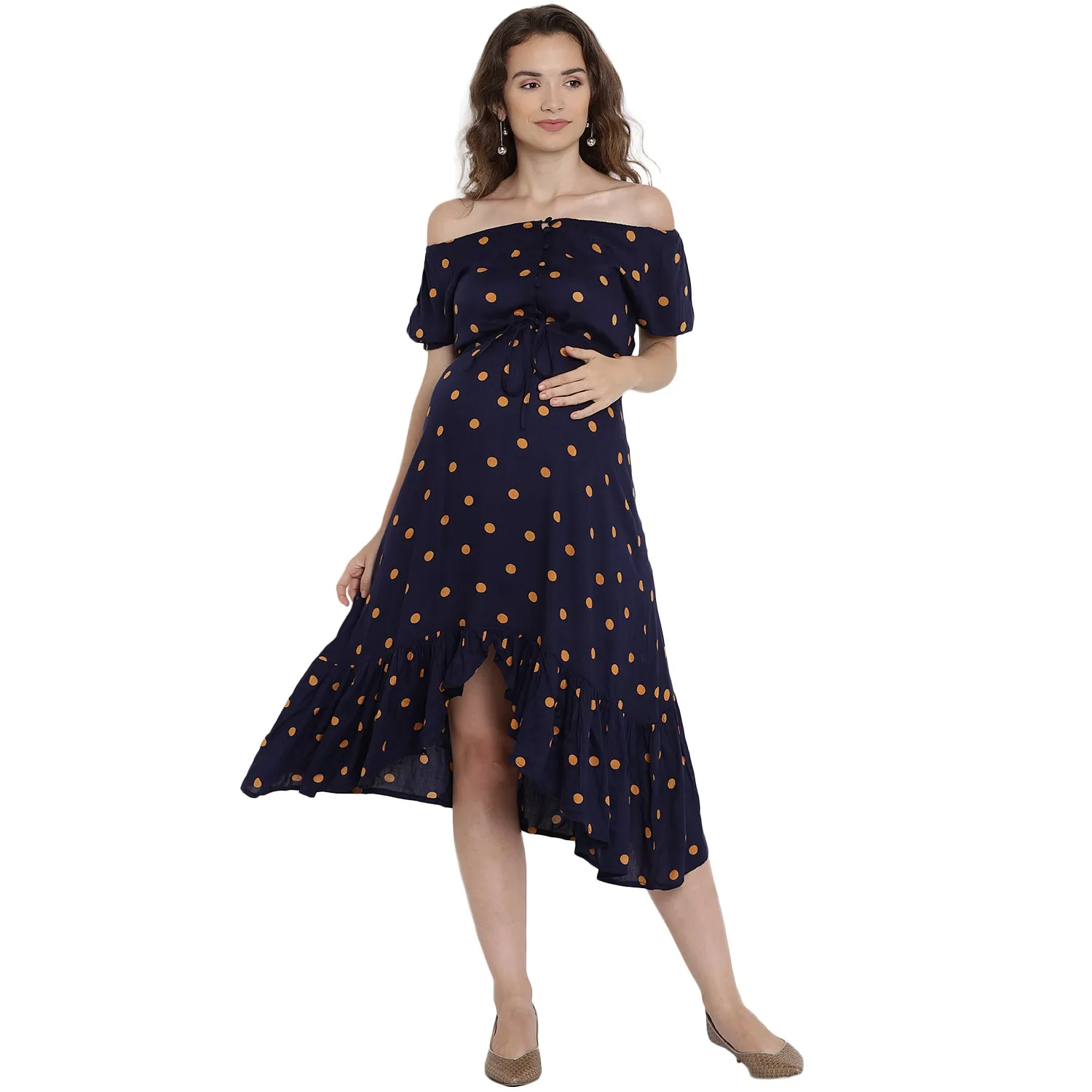 Midnight Blue Asymmetric Polka Dot Print Maternity Dress