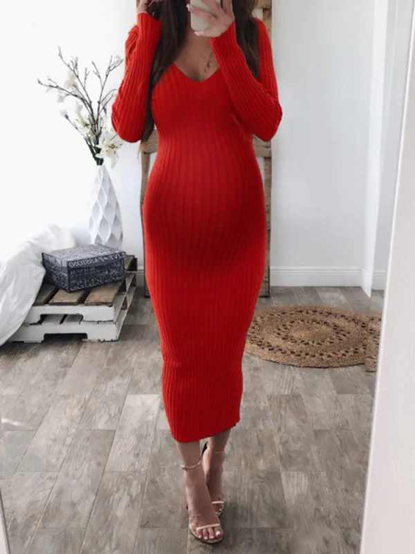 Momnfancy Bodycon V-neck Backless Long Sleeve Maternity Sweater Midi Dress