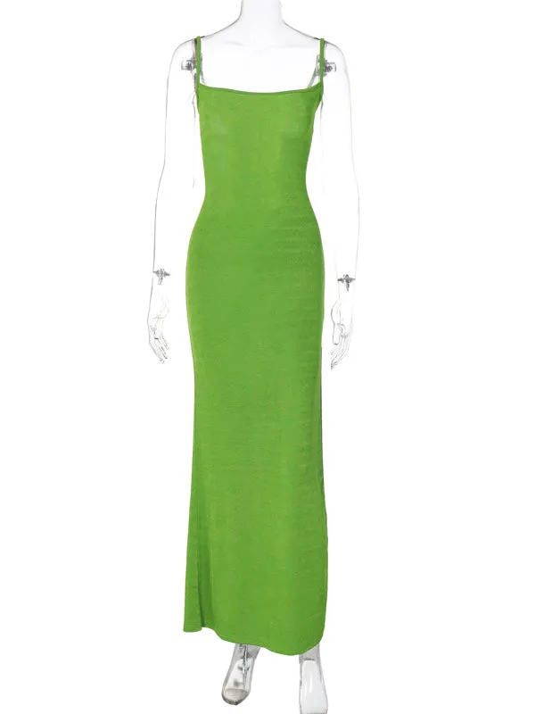 Momnfancy Green Spaghetti Strap Backless Slit Tie Back Baby Shower Party Maternity Slip Dress