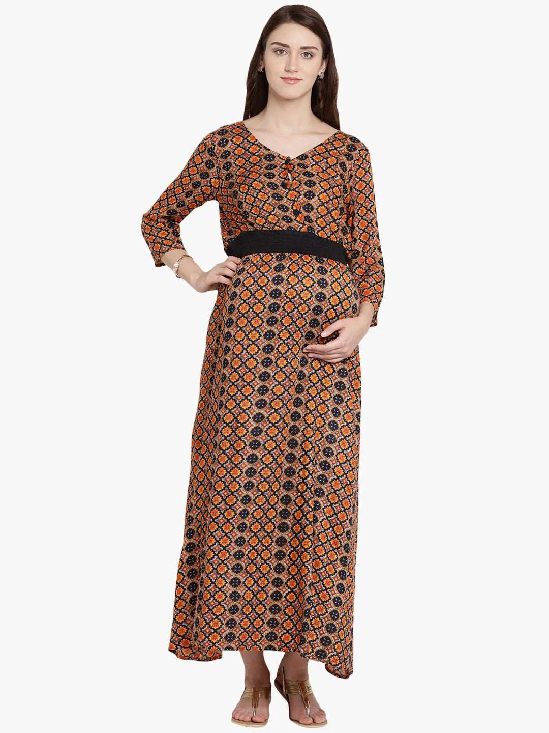 Multi Colour Printed Maternity and Nursing Maxi Dress