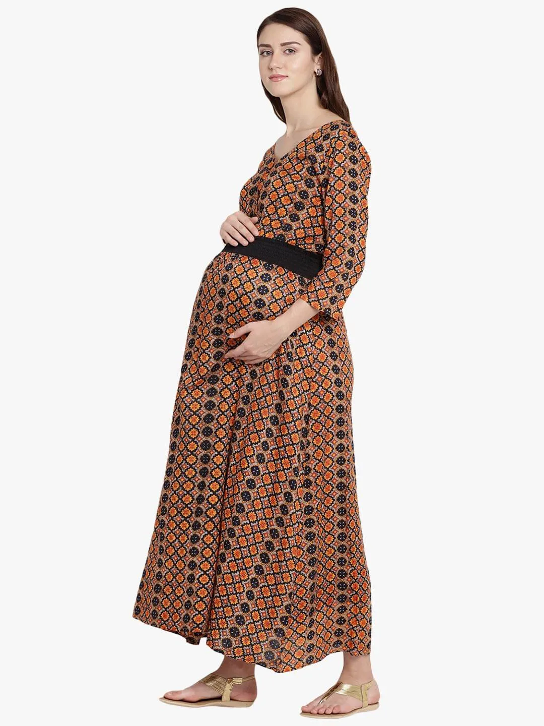 Multi Colour Printed Maternity and Nursing Maxi Dress