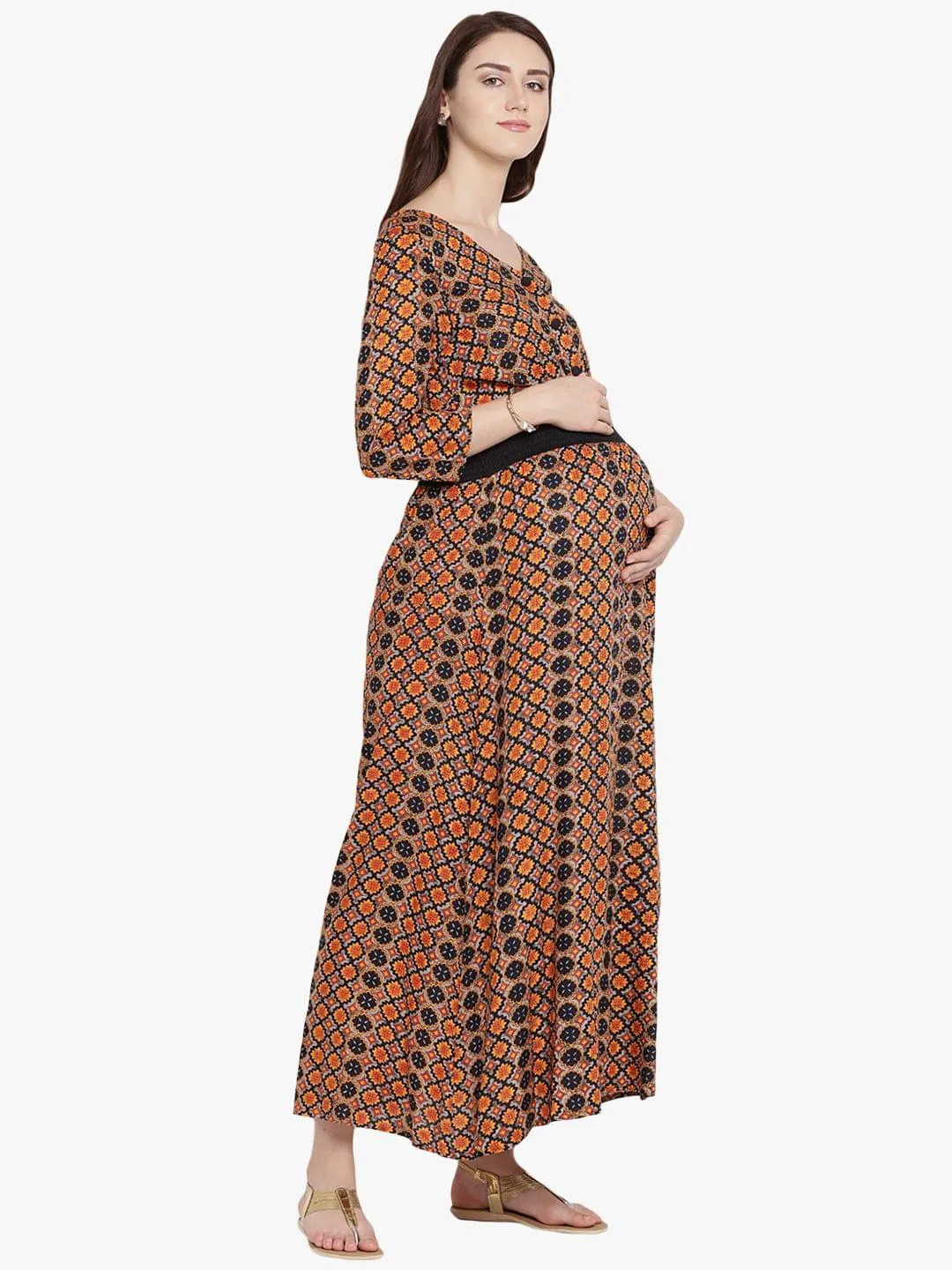 Multi Colour Printed Maternity and Nursing Maxi Dress