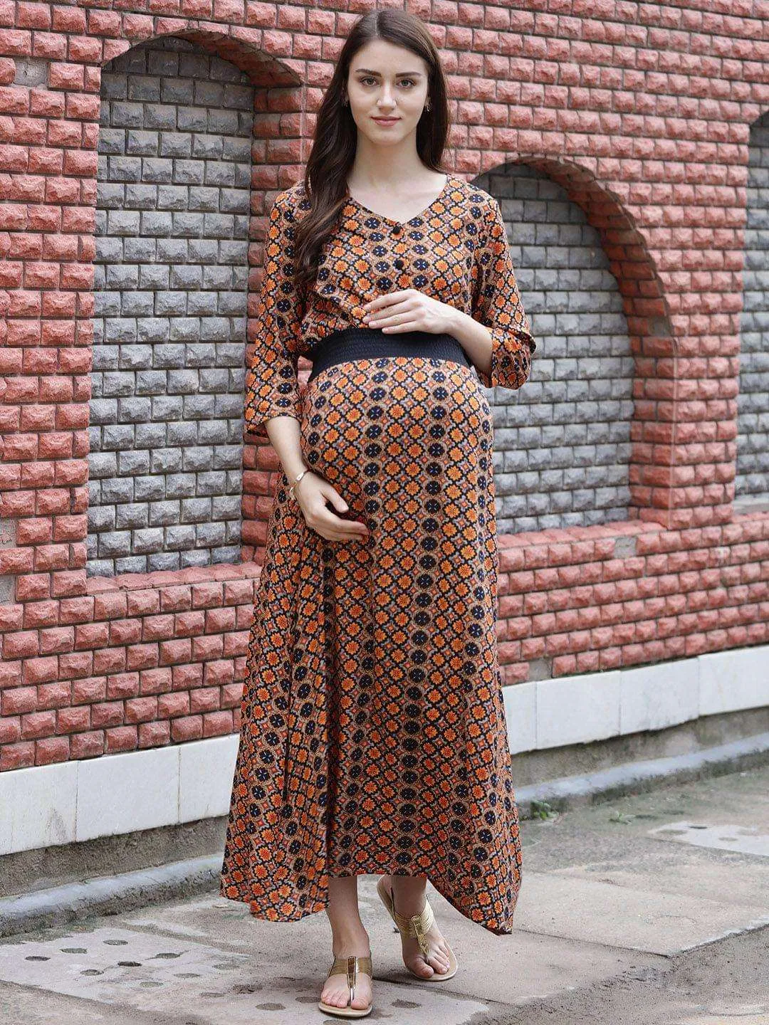 Multi Colour Printed Maternity and Nursing Maxi Dress