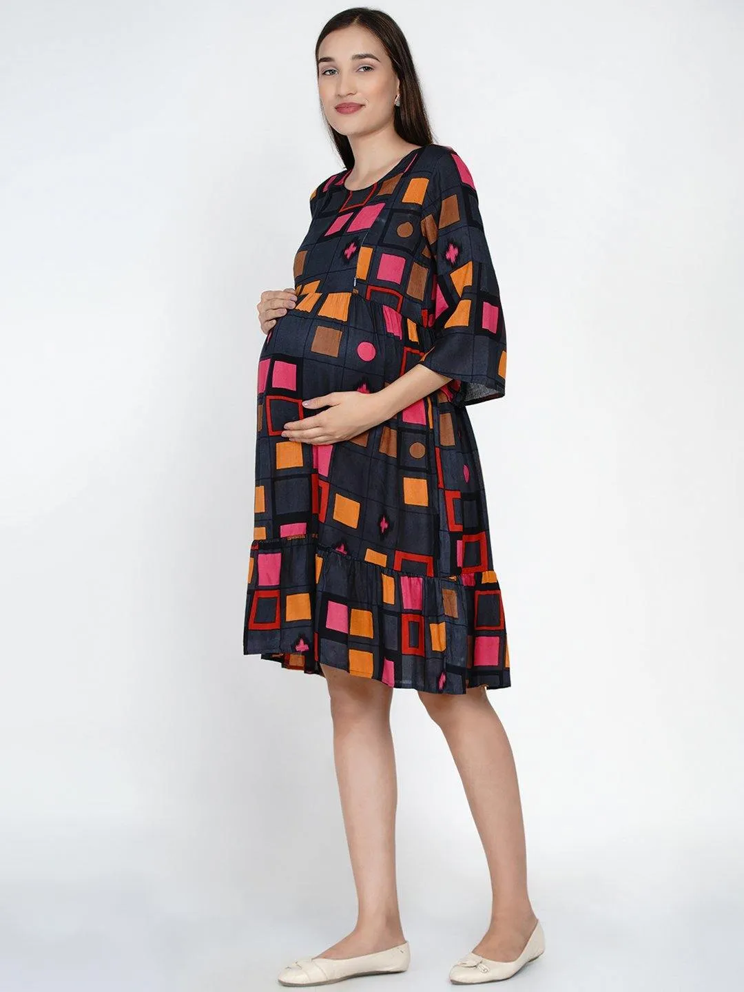 Multicolor Geometric Print Maternity and Nursing Midi Dress