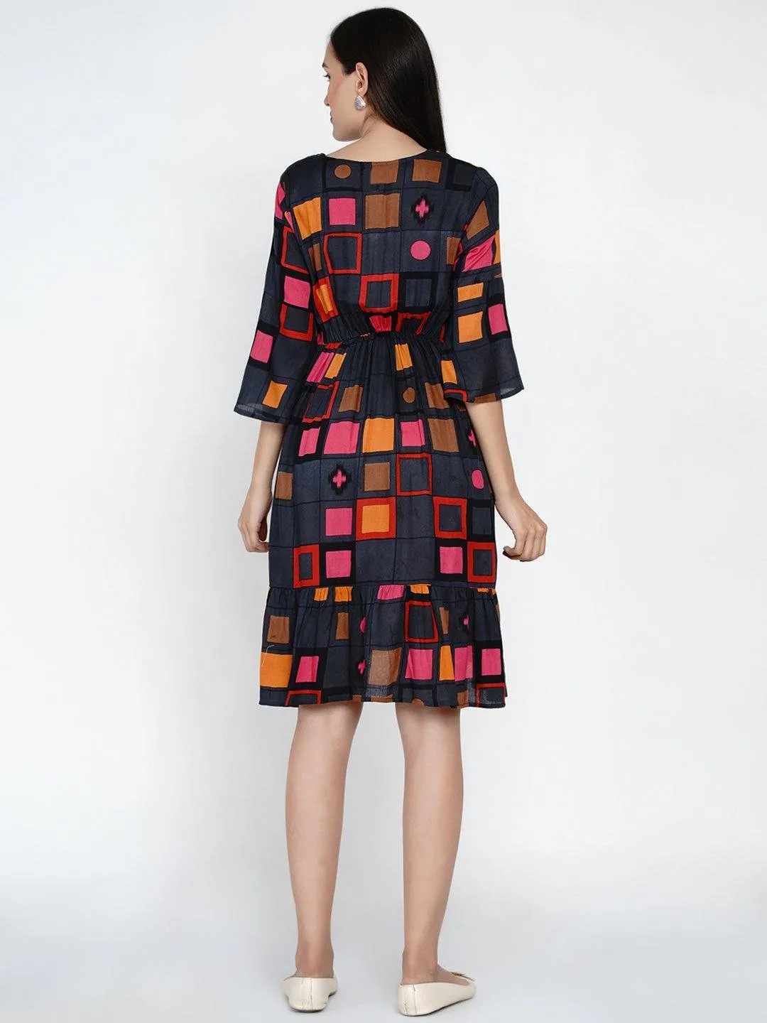 Multicolor Geometric Print Maternity and Nursing Midi Dress