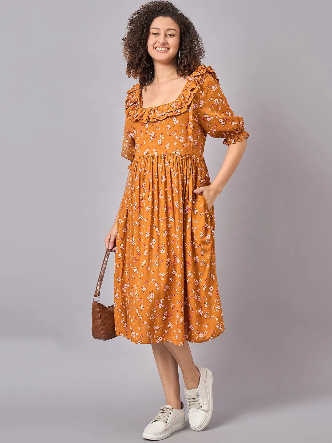 Mustard Floral Maternity and Nursing Dress