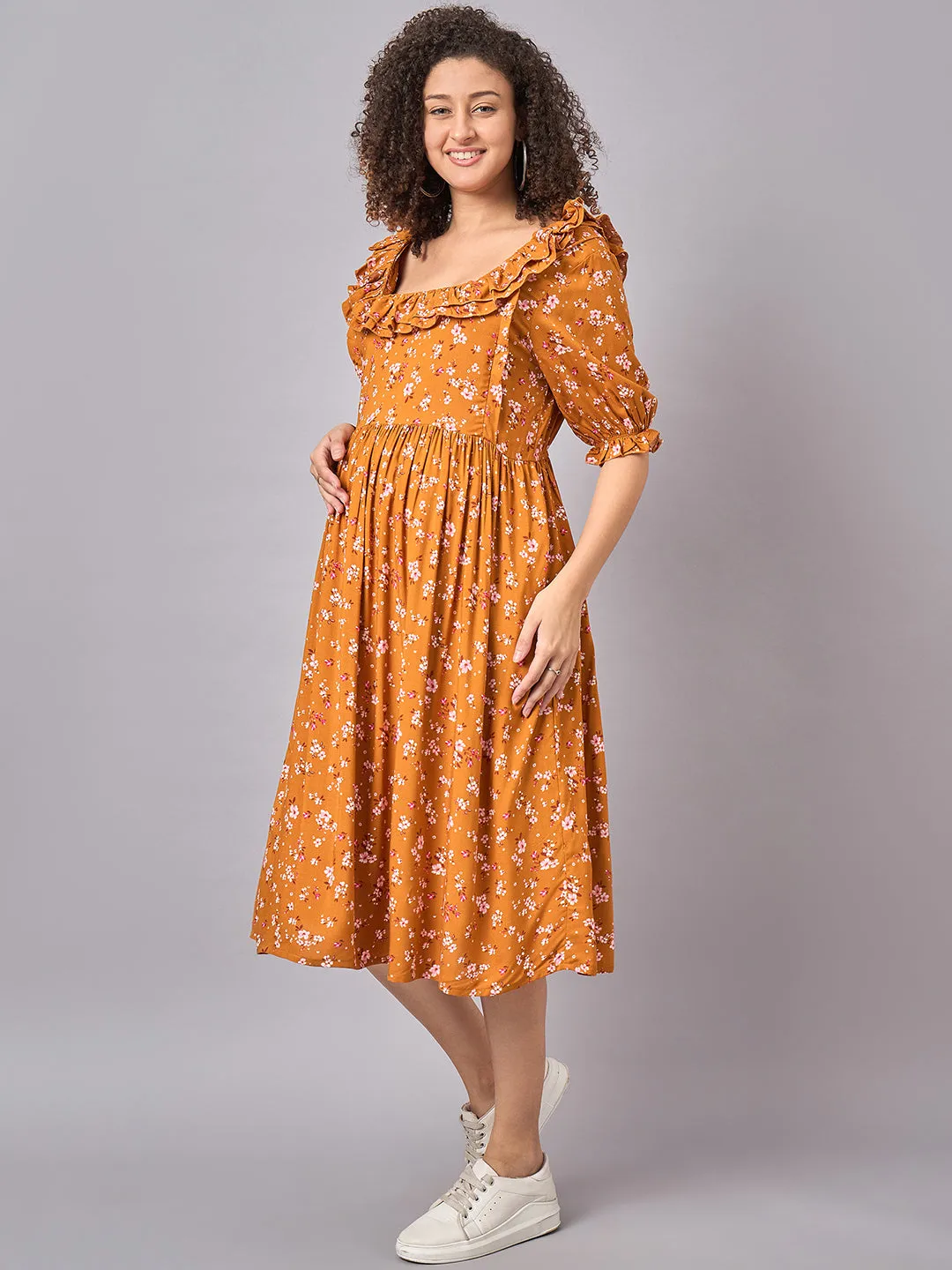 Mustard Floral Maternity and Nursing Dress