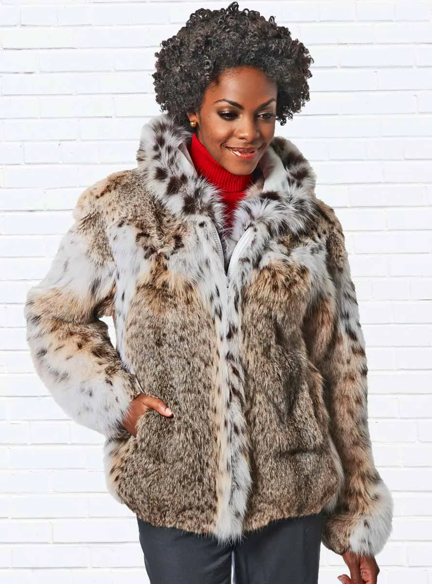 Natural Bobcat Fur Jacket with Fox trim Hood