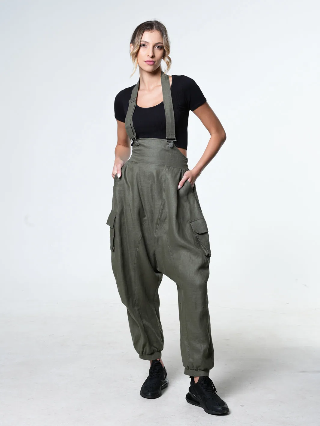 Oversize Linen Jumpsuit In Khaki