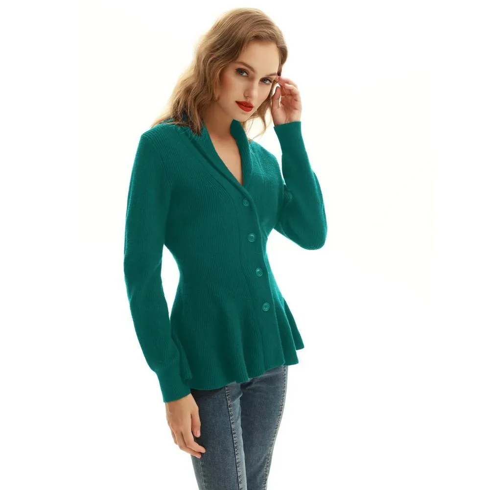 Peplum Hem Cardigan Sweater Long Sleeve Shawl Lapel Button-up Knitwear