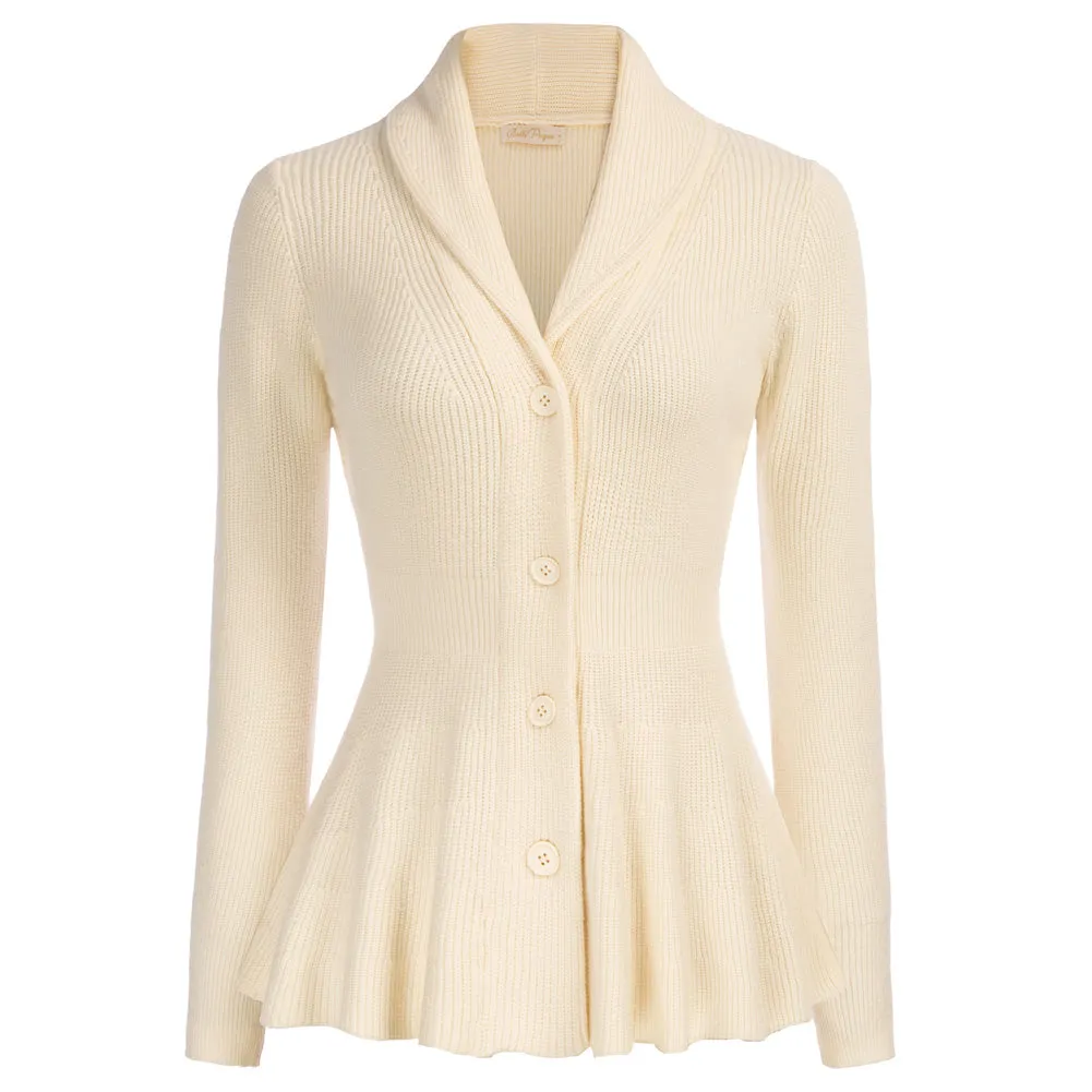 Peplum Hem Cardigan Sweater Long Sleeve Shawl Lapel Button-up Knitwear