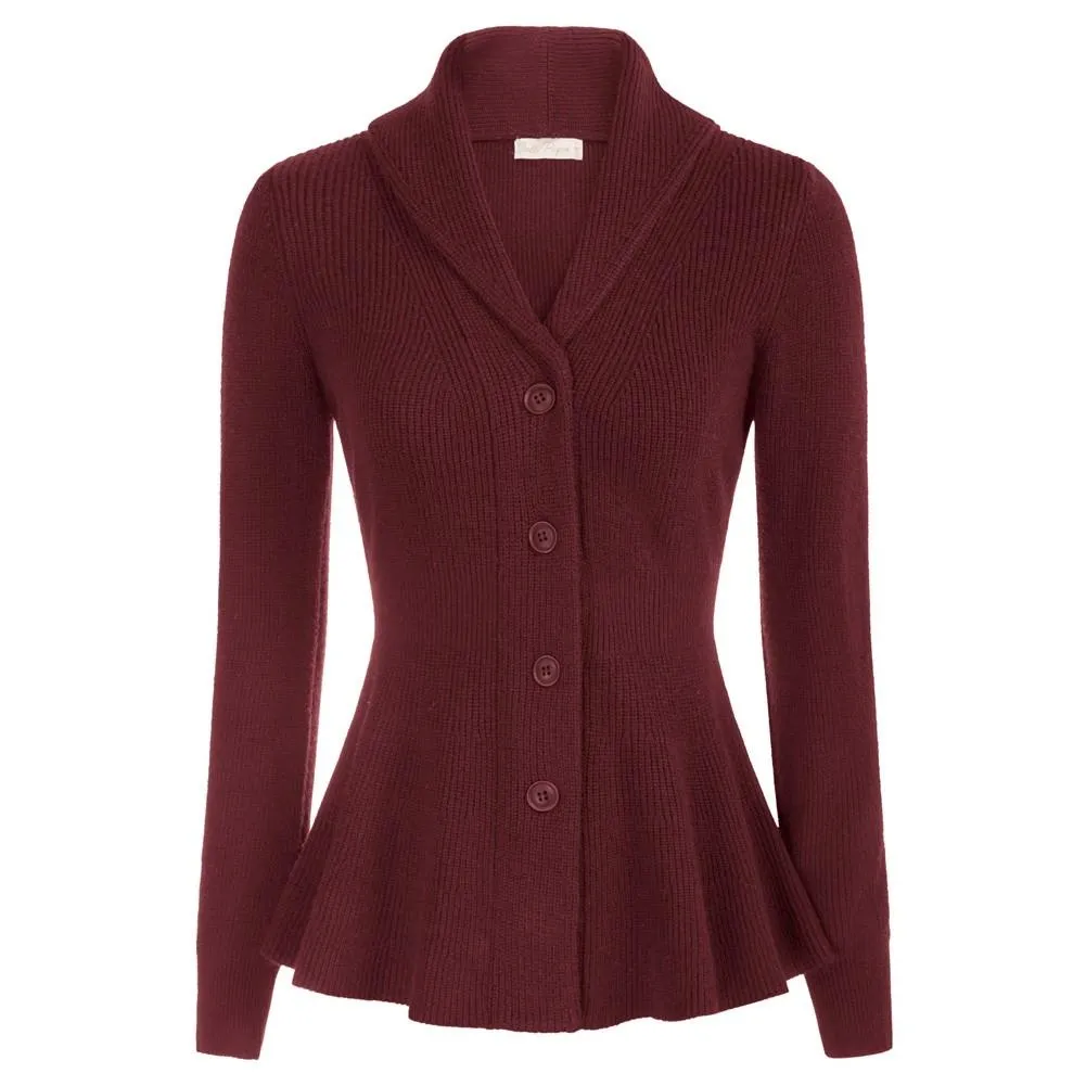 Peplum Hem Cardigan Sweater Long Sleeve Shawl Lapel Button-up Knitwear