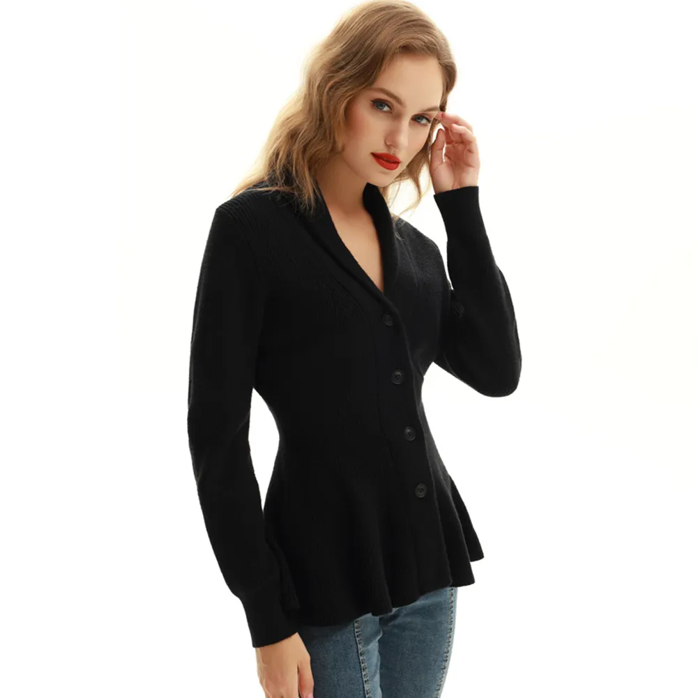 Peplum Hem Cardigan Sweater Long Sleeve Shawl Lapel Button-up Knitwear