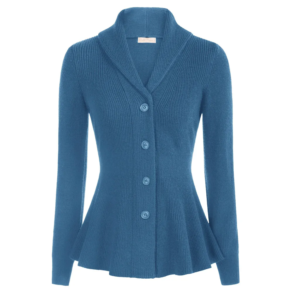 Peplum Hem Cardigan Sweater Long Sleeve Shawl Lapel Button-up Knitwear