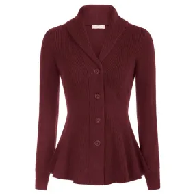 Peplum Hem Cardigan Sweater Long Sleeve Shawl Lapel Button-up Knitwear