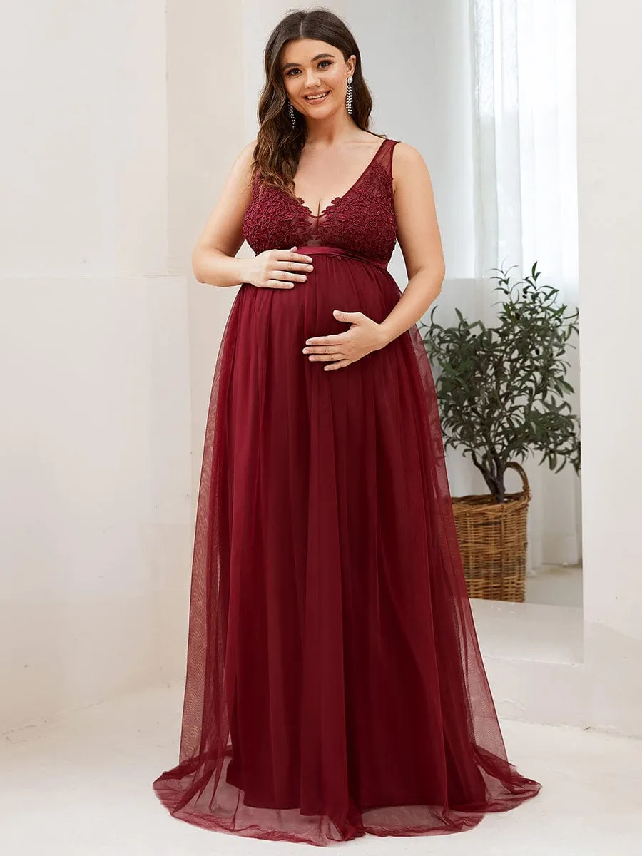 Plus Size Double V-Neck Lace Bodice Long Flowy Maternity Dress