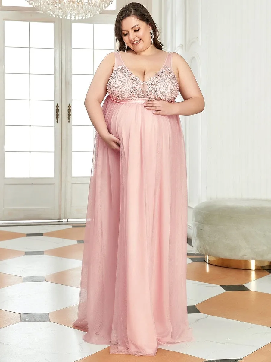 Plus Size Double V-Neck Lace Bodice Long Flowy Maternity Dress